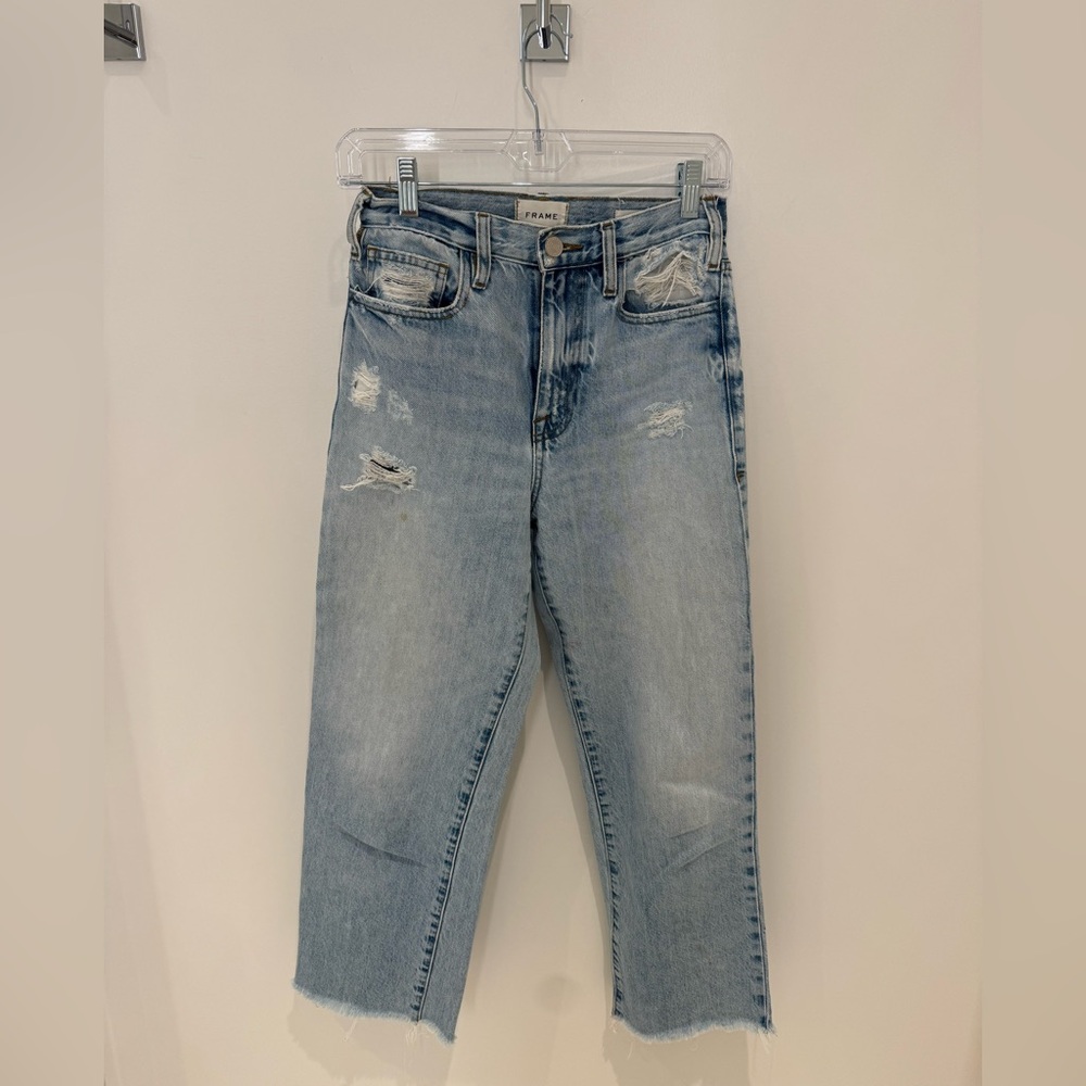 Frame Denim Light Blue Distressed Straight-Leg Jeans